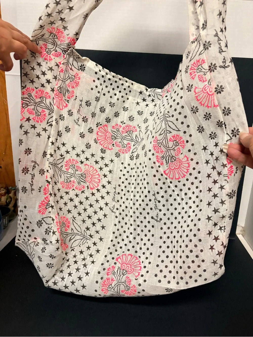 Free People Light Gray Floral & Star Print Shoulder Tote Bag - Pink Accent